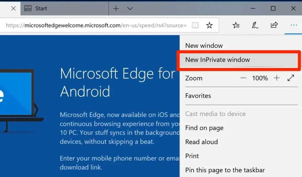 Microsoft Edge New InPrivate Window