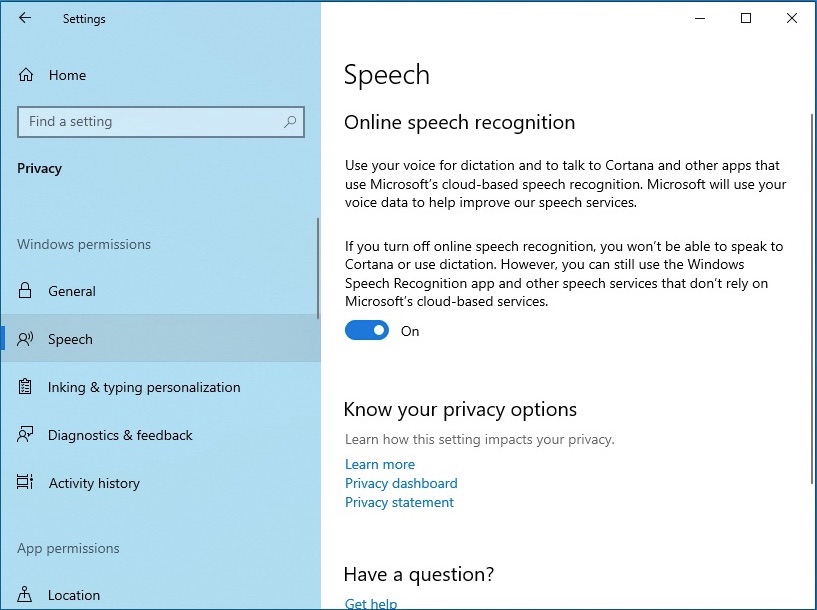 windows 10 online speech recognition settings