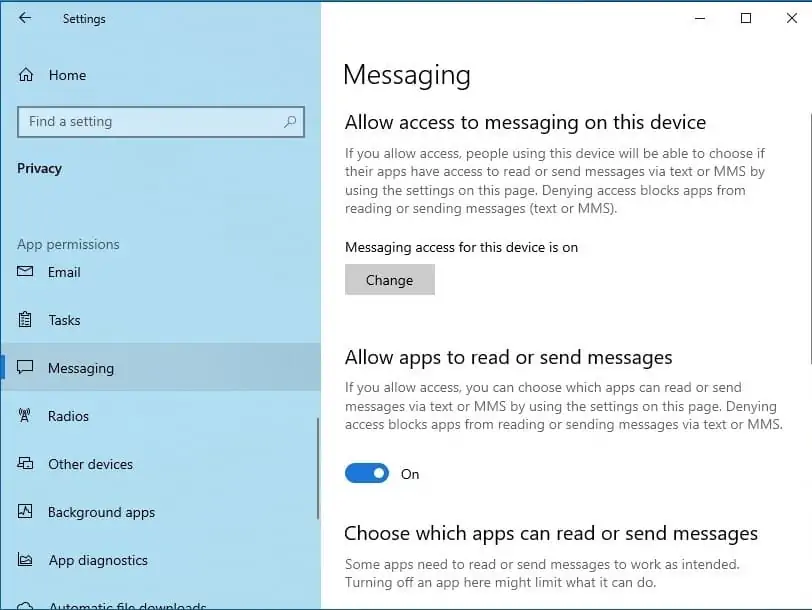 windows 10 allow access to messaging