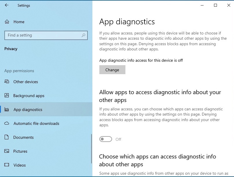 windows 10 app diagnostics settings