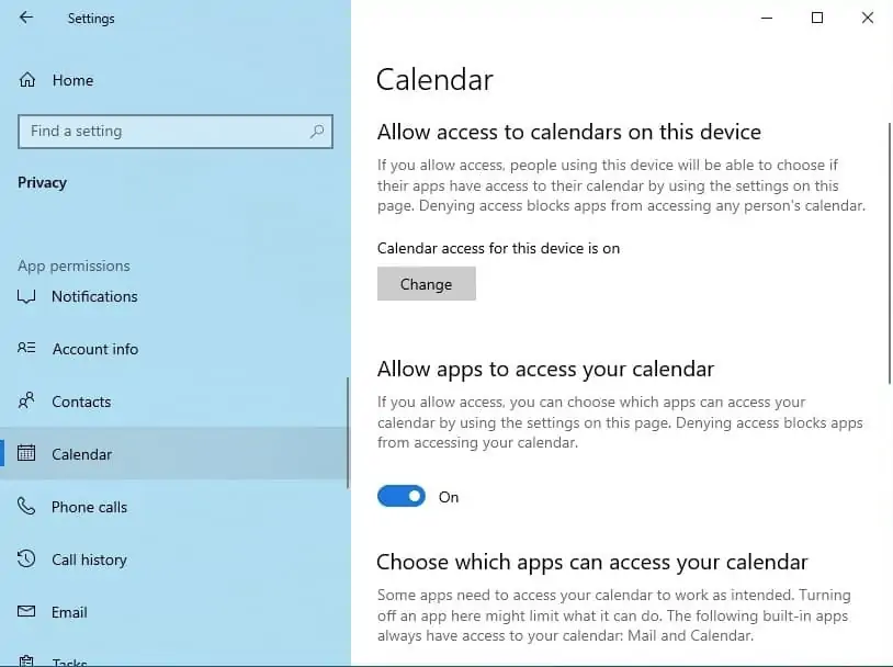 windows 10 calendar access permissions