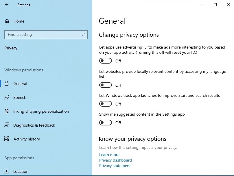 windows 10 fall creator update ad tracking settings