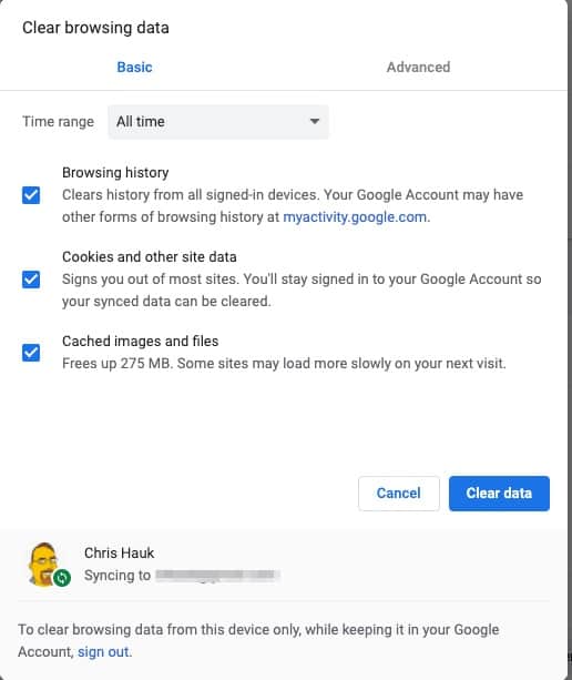 Clear browsing data on Google Chrome