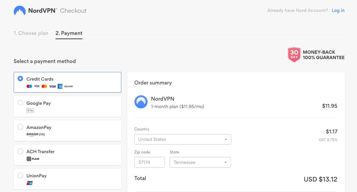 NordVPN payment page