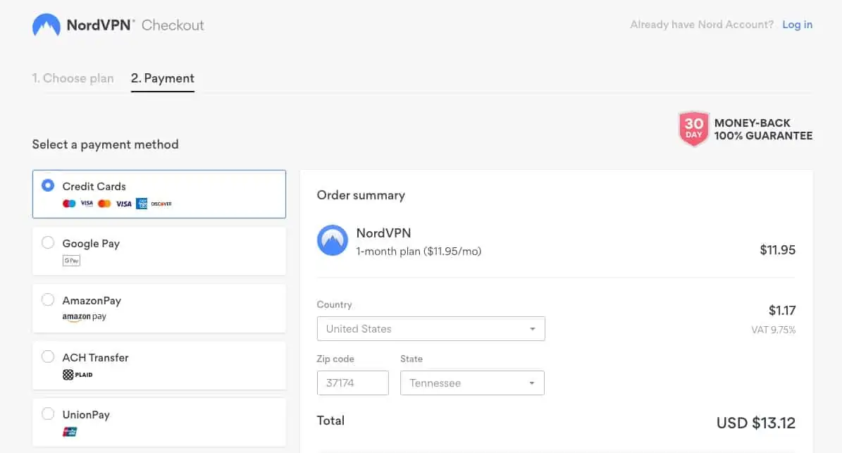 NordVPN payment page