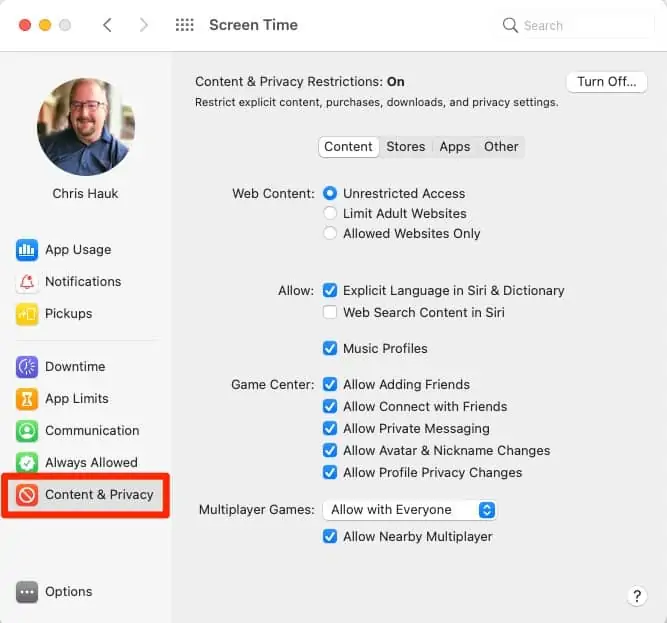 Screen Time: Content & Privacy