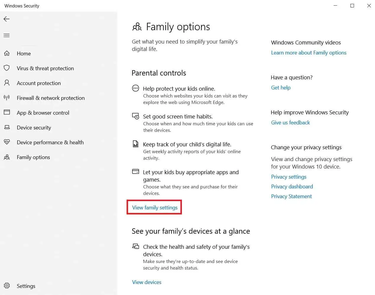 Family options - view family settings