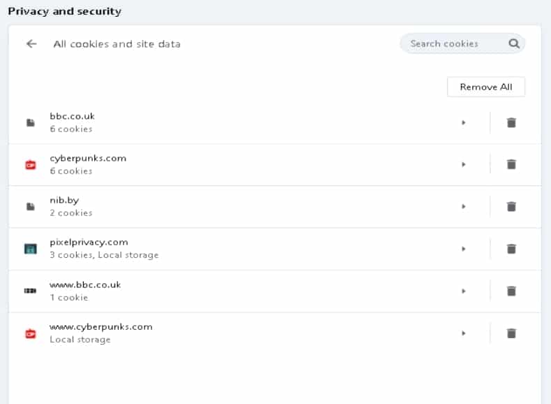 cookies and other site data