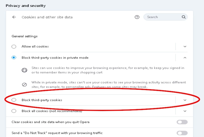 block third party cookies option