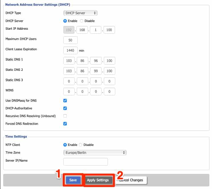 Network address server settings