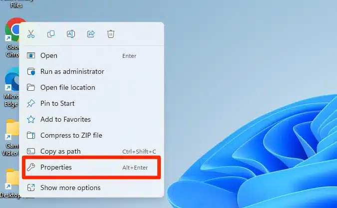 windows properties option