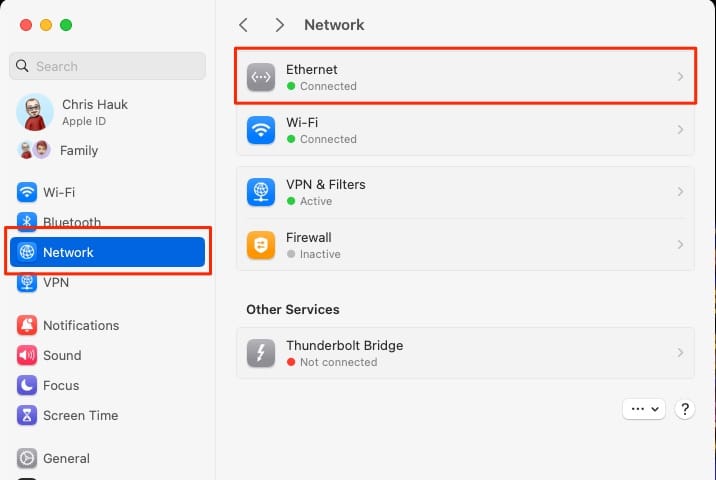 macOS Sonoma Network Troubleshooting Ethernet 1