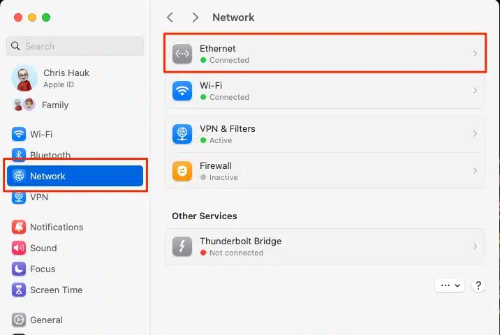 macOS Sonoma Network Troubleshooting Ethernet 1