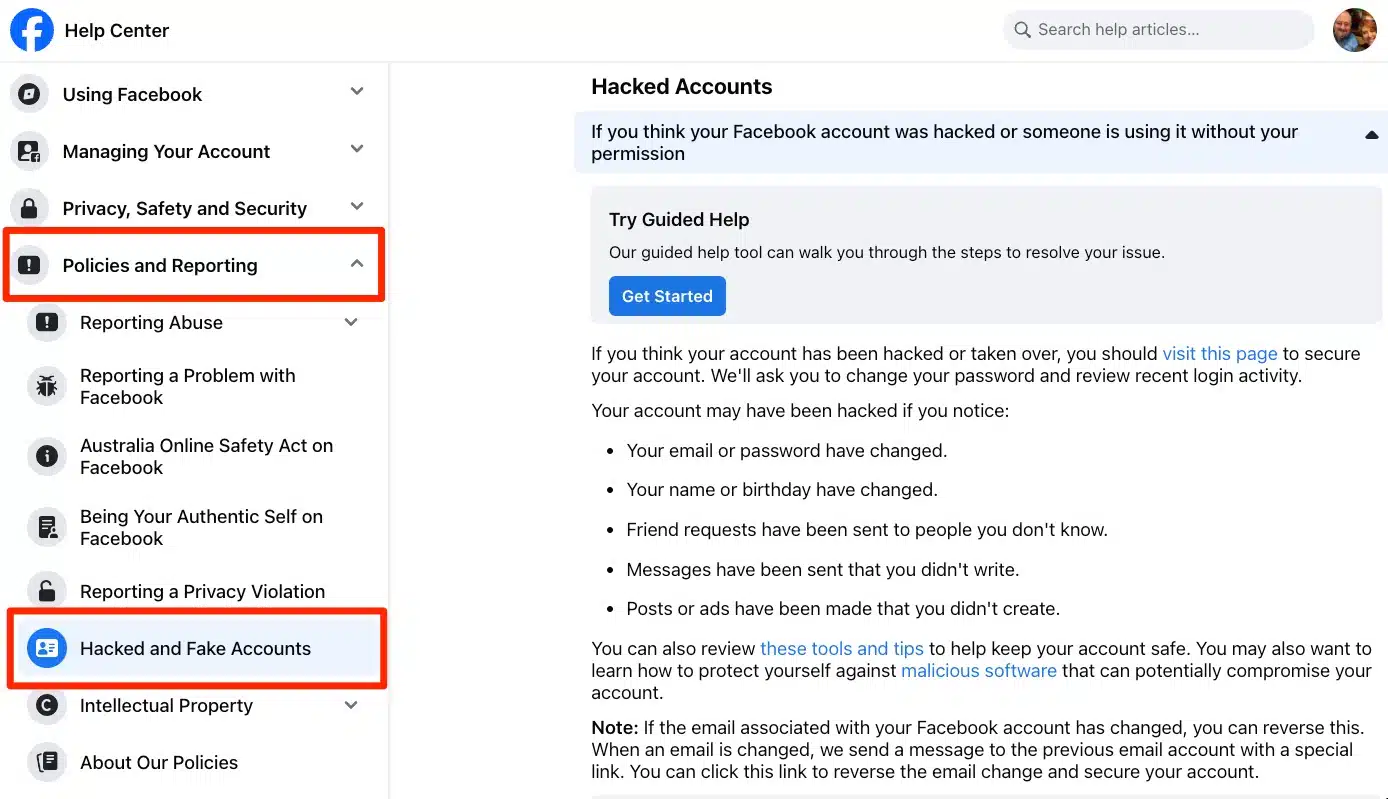 Hacked and fake accounts” option