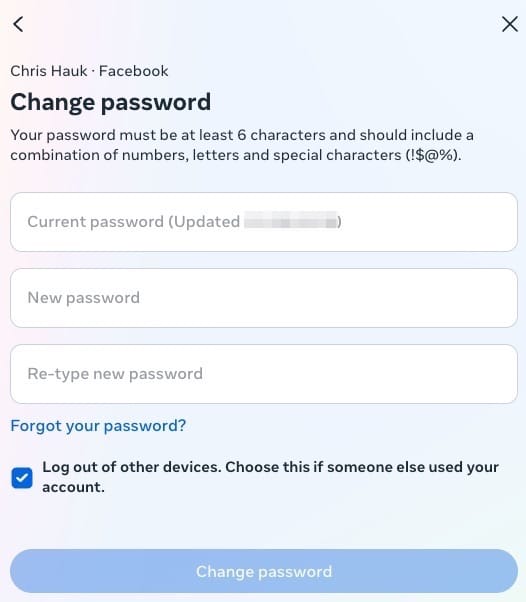 change facebook password