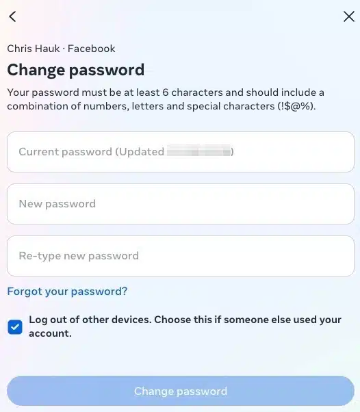 change facebook password